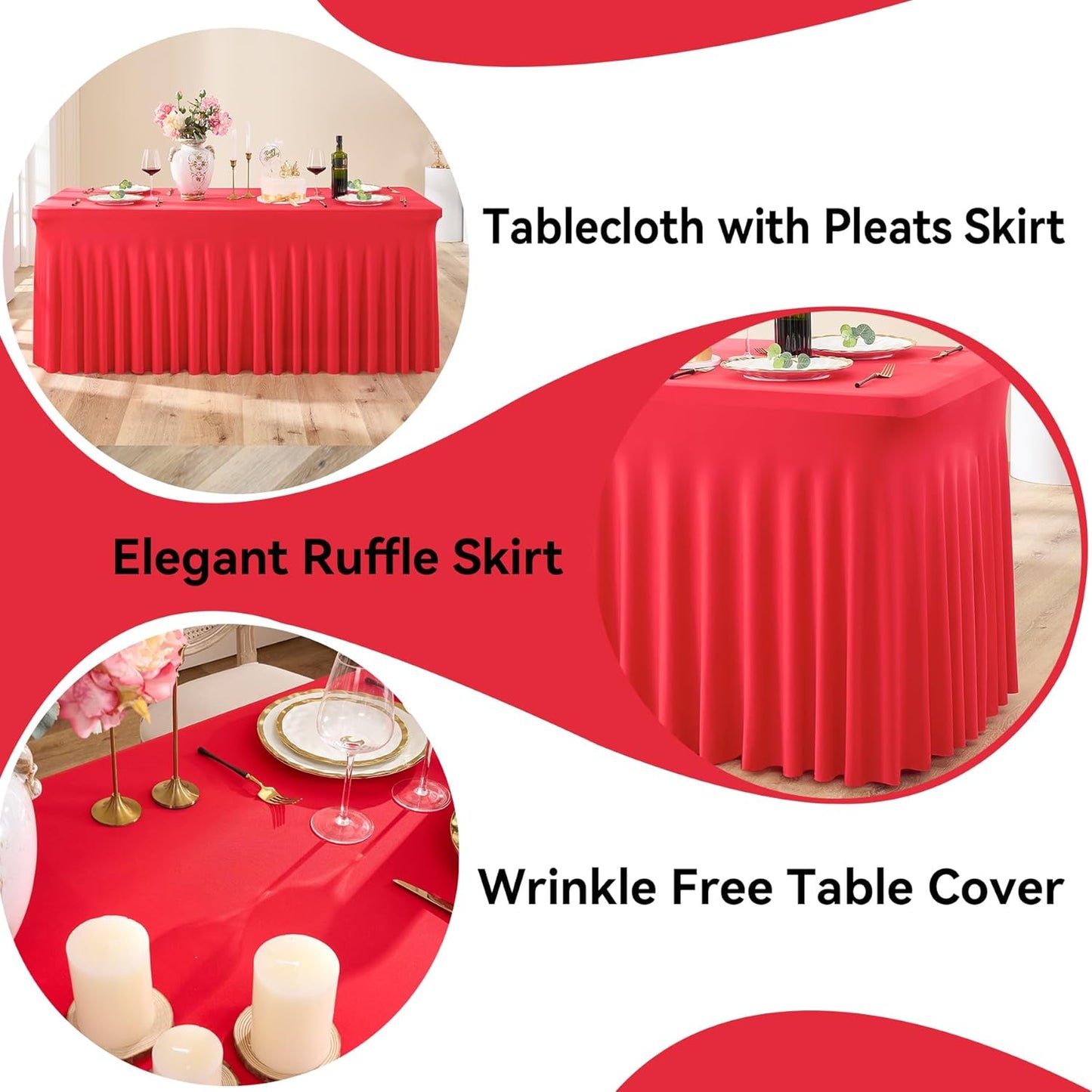 4 pk Red Spandex Tablecloth 6ft with Ruffle Skirt,Wrinkle Free High Stretchy Fitted Tablecloths for 6 Foot Rectangle Tables,Pleated Spandex Table Covers 6ft for Christmas Parties Banquet Weddings
