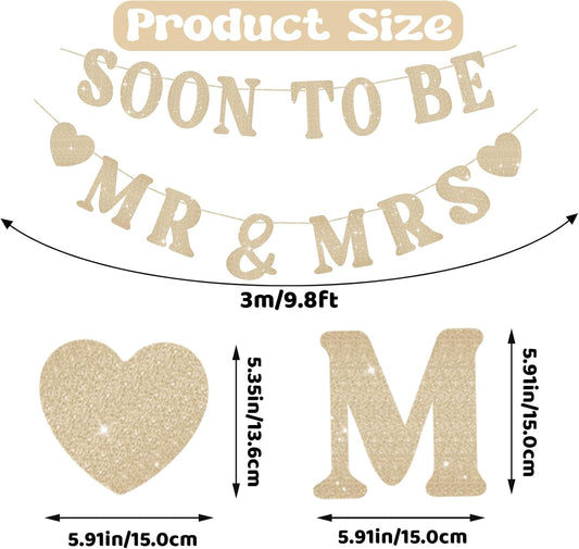 Soon To Be Mr & Mrs Sign Banner For Bridal Shower Decorations, Pre-strung Gold Glitter Wedding Shower Decorations For Home Party, Engagement Banner For Bachelorette Couples Shower