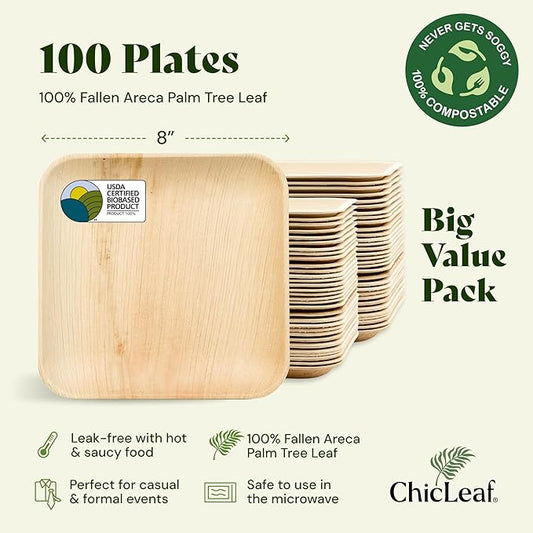 Chic Leaf Square Bamboo Palm Leaf Disposable Plates - 8" Pack of 100 - Biodegradable & Compostable Dinnerware - Disposable Party & Appetizer Plates - Sustainable Dessert Trays Romantic Date Essentials