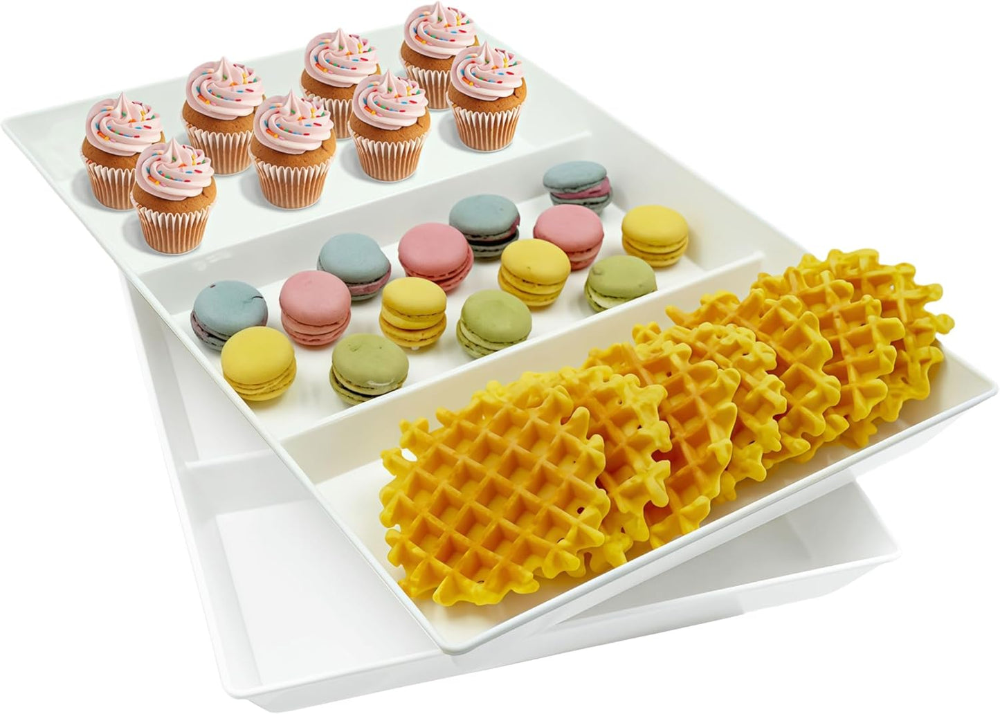 Divided Serving Tray Platter, 2 Pack 15" x 10" Fruit Veggie Food Tray for Party, Plastic Serving Trays for Appetizer, Snack, Dessert, Cookie, Brunch Decorations Platters, White Trays BPA-Free
