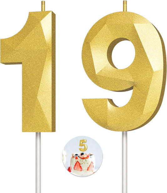 Number Birthday Candles(19 Candle Gold) 3D Diamond Shape Number Happy Birthday Cake Candles for Birthday Party Wedding Decoration Reunions Theme Party