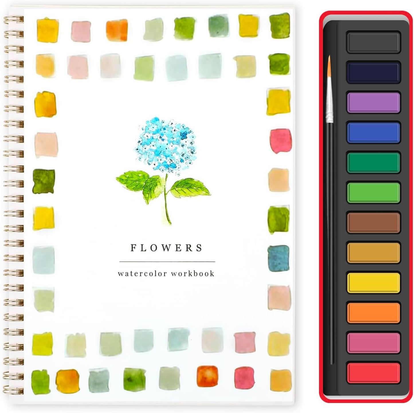 Watercolor Workbook, Water Coloring Book,Watercolor Paint Set, Beginner-Friendly Watercolor Workbooks, with 12 Colors Watercolor Paint Set with Paint Brush - Christmas Gift (Flower A)