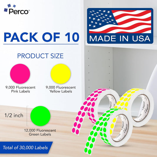 Perco 1/2 Inch Perforated Circle Dot Sticker Labels — 10 Rolls, 30,000 Round Fluorescent Stickers (4 Green, 3 Yellow, 3 Pink)—with Permanent Adhesive for Calendars, Color Coding, Crafting—Made in USA