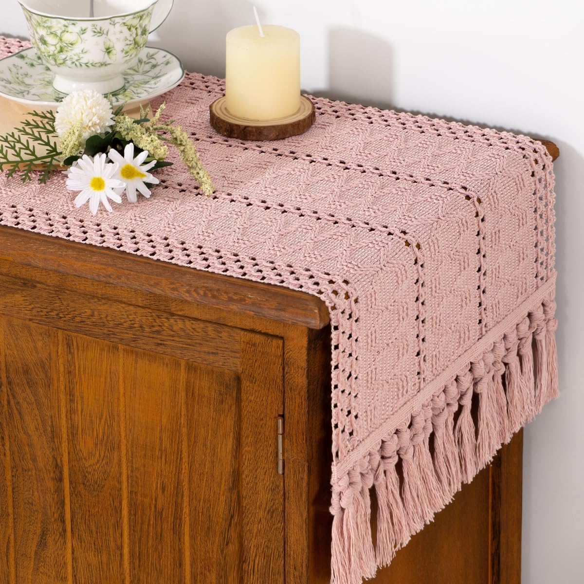 Socomi Boho Table Runner Fall Thanksgiving Farmhouse Rustic Dining Kitchen Centerpiece Decor Small Macrame Woven Cotton Linen Coffee Table Runner for Dresser Scarf Home Decor 12x60 inPink