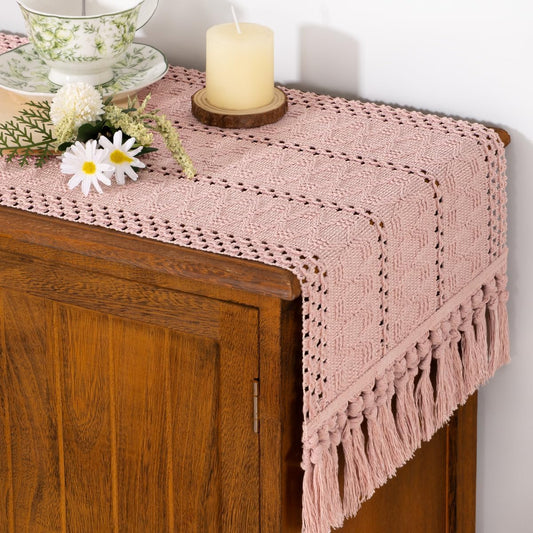 Socomi Boho Table Runner Fall Thanksgiving Farmhouse Rustic Dining Kitchen Centerpiece Decor Small Macrame Woven Cotton Linen Coffee Table Runner for Dresser Scarf Home Decor 12x60 inPink