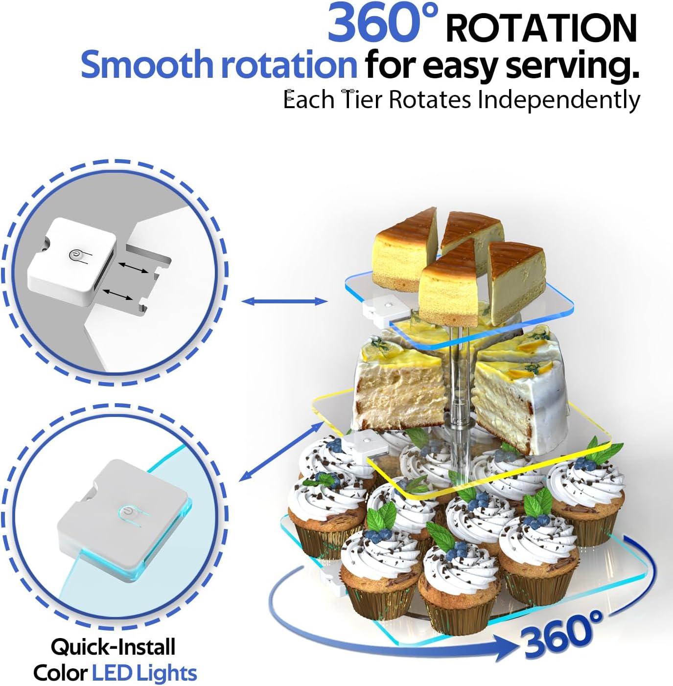3-Tier Rotating Cupcake Stand with LED Lights - 360° Spinning Display Tower for Desserts, Cakes & Pastries - Rechargeable 7-Color Changing Serving Tray for Weddings, Parties & Festive Gatherings (Clear Acrylic)