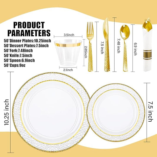 Ciaell 350PCS Clear Plastic Plates with Gold Trim for 50 Guests,Includes 100 Plastic Plates, 50 Pre Rolled Napkins with Gold Silverware, 50 Cups, Disposable Dinnerware Set for Wedding & Party
