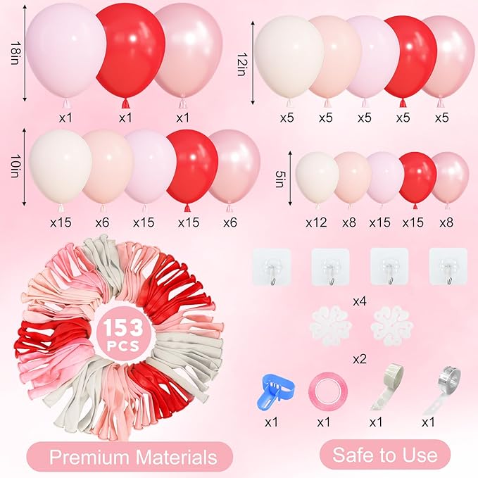 Amandir 153pcs Red and Pink Balloons Arch Garland Kit, Different Sizes 18 12 10 5 inch Strawberry Cherry Pastel Pearl Light Pink Balloon Sweet One Shower Berry First Birthday Summer Party Decorations