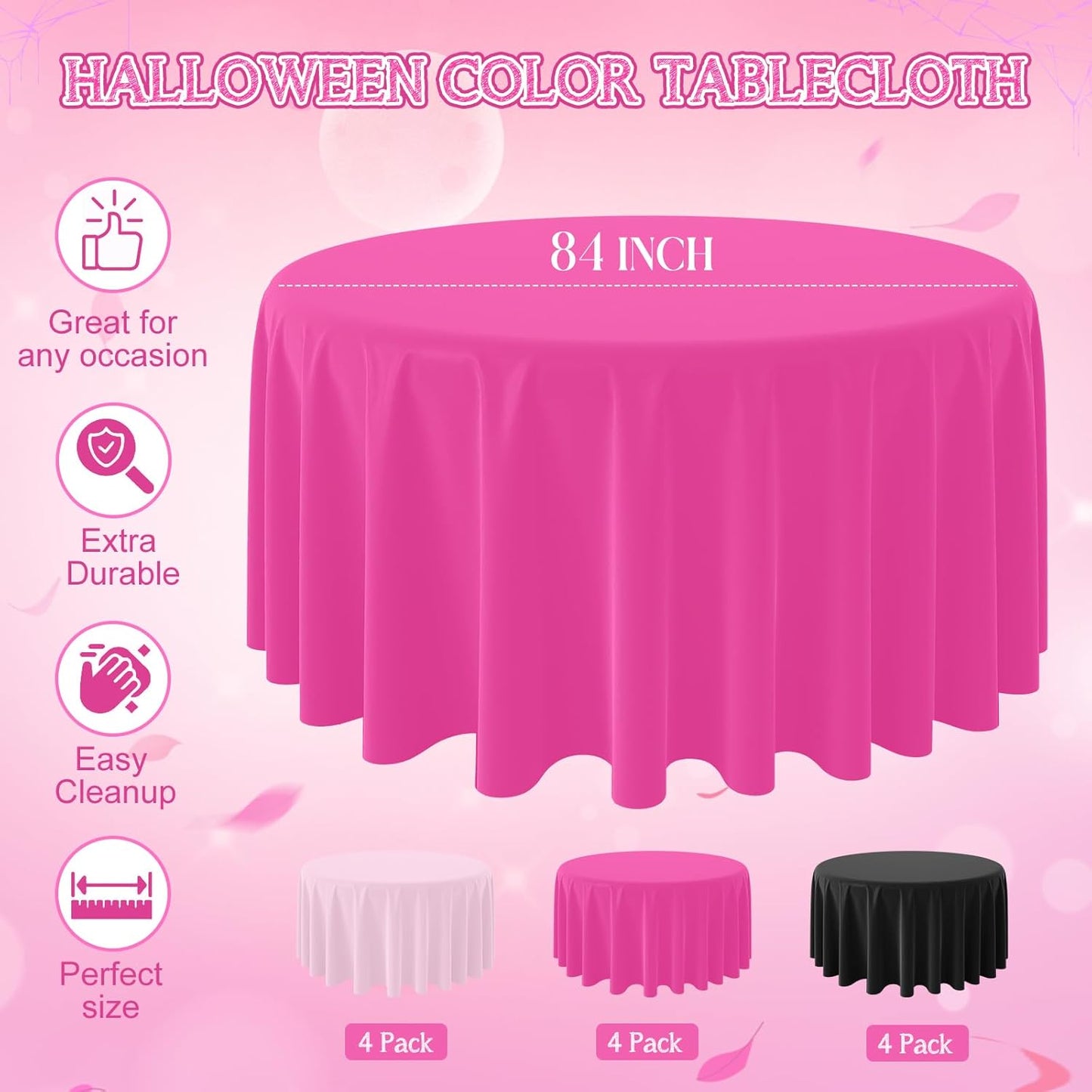 12 Pack Halloween Pink and Black Plastic Tablecloth for Round Tables, Pink Black Disposable Table Cover, Round Table Cloth for Girls Halloween Baby Shower Birthday Party Supplies Decorations