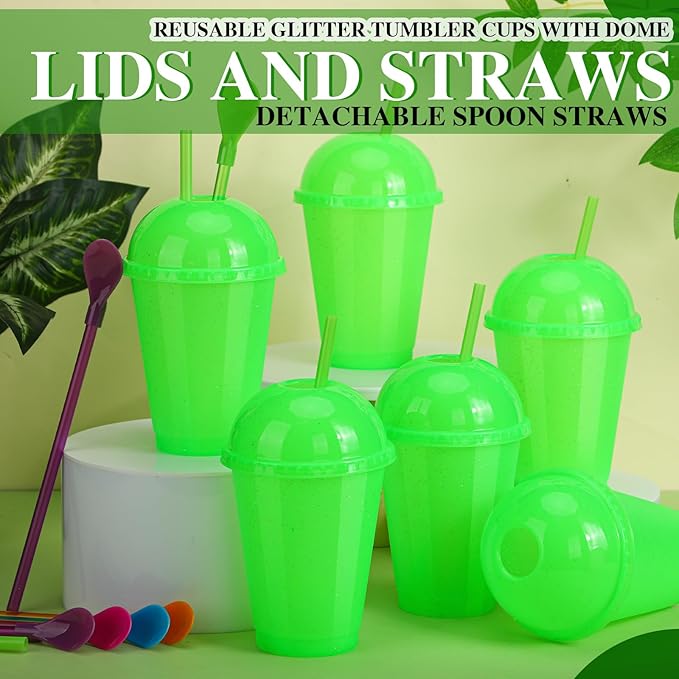 6 Set Slushie Cups with Dome Lids and Straws Detachable Spoon Straws Reusable Plastic Iced Coffee Cups Smoothie Tumbler for Birthdays Summer Party Supplies(Green,16 oz)