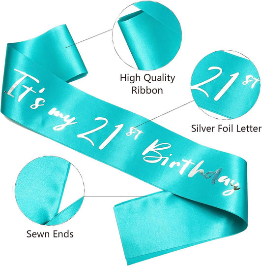 21st Birthday Sash, Blue Green Satin Soft Sashes with Silver Foil Letter, Birthday Decorations for Girls, Happy 21st Birthday Party Favor Supplies,Blue Green