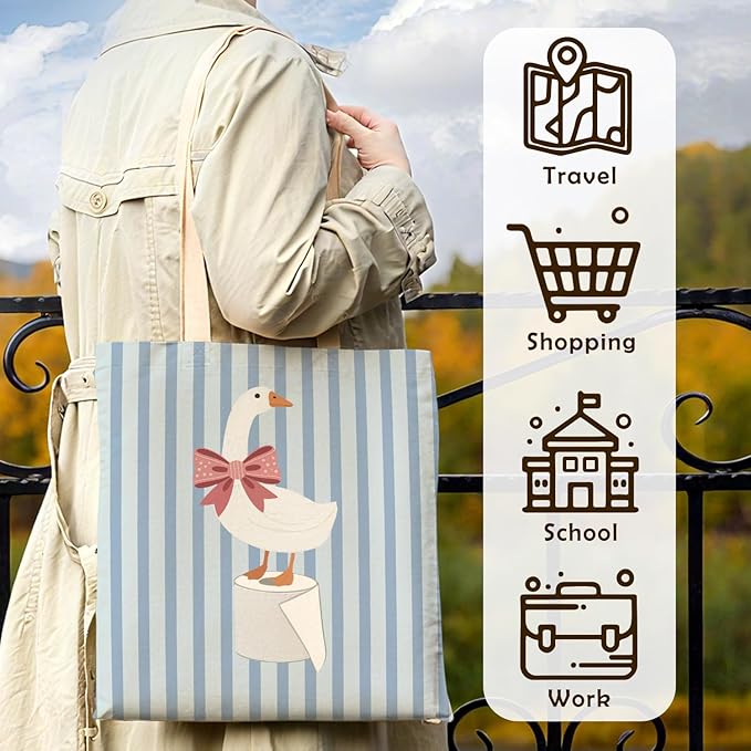 Coquette Pink Bow Goose Tote Bag for Women,Funny Goose Canvas Tote Bag,Gifts for Goose Lovers,Blue Striped Aesthetic Reusable Shopping Grocery Bags Party Favors