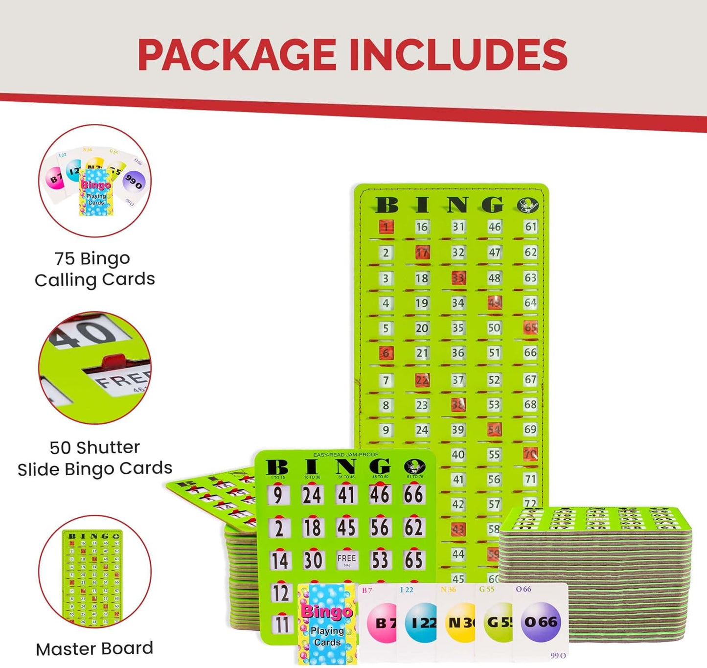 MR CHIPS Complete Bingo Game Set with Jam-Proof Shutter Cards – Easy Read Green Edition – 50 Reusable Large Print Bingo Cards with Sliding Windows, Master Board & Calling Cards – No Chips Needed