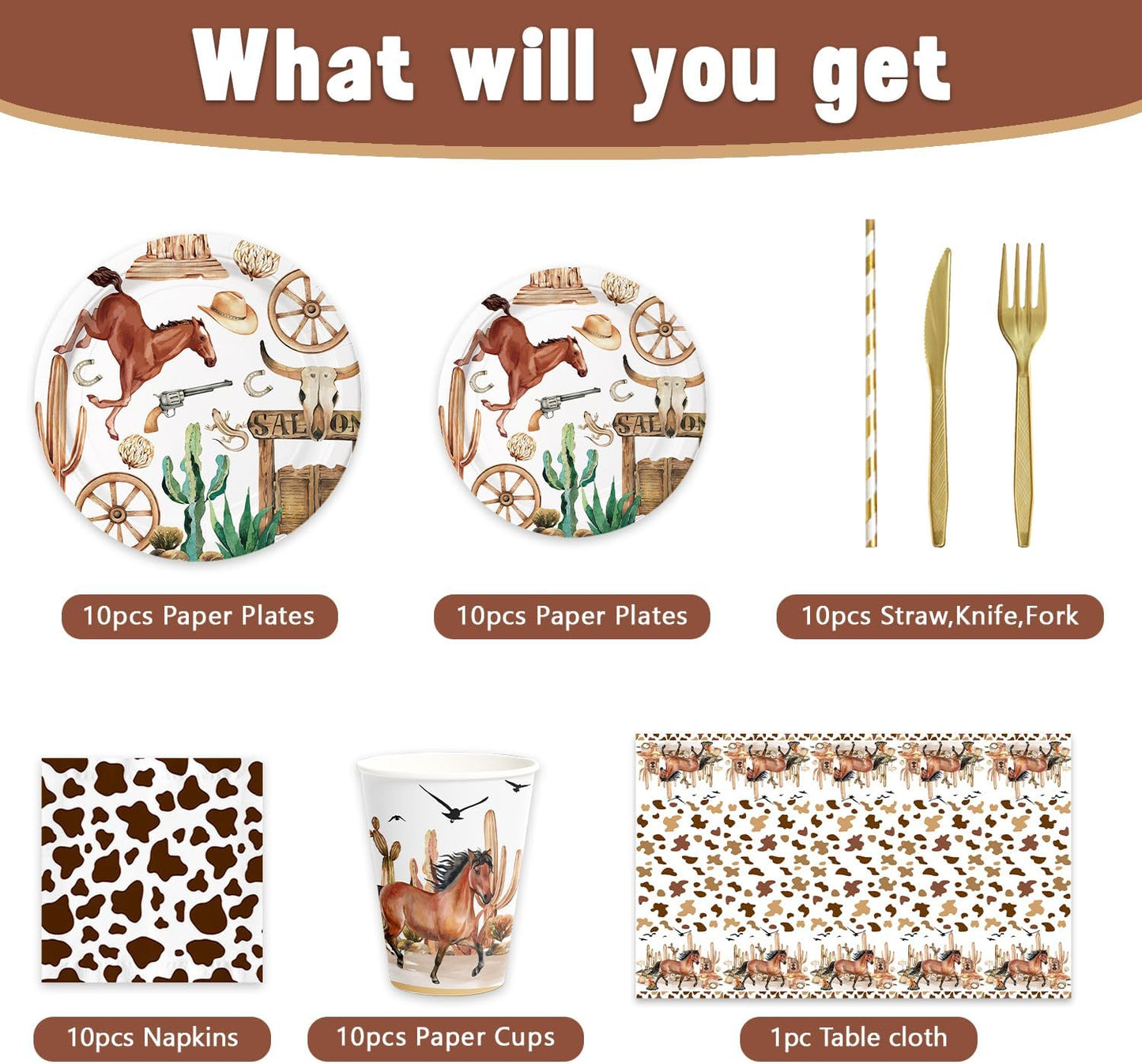 141pcs Cowboy Party Decorations,Cowboy Party Disposable Tableware Includes Dinner Plate Dessert Plate Paper Napkin Cup Knife Fork Straws Tablecloth Western Cowboy Baby Shower Supplies set