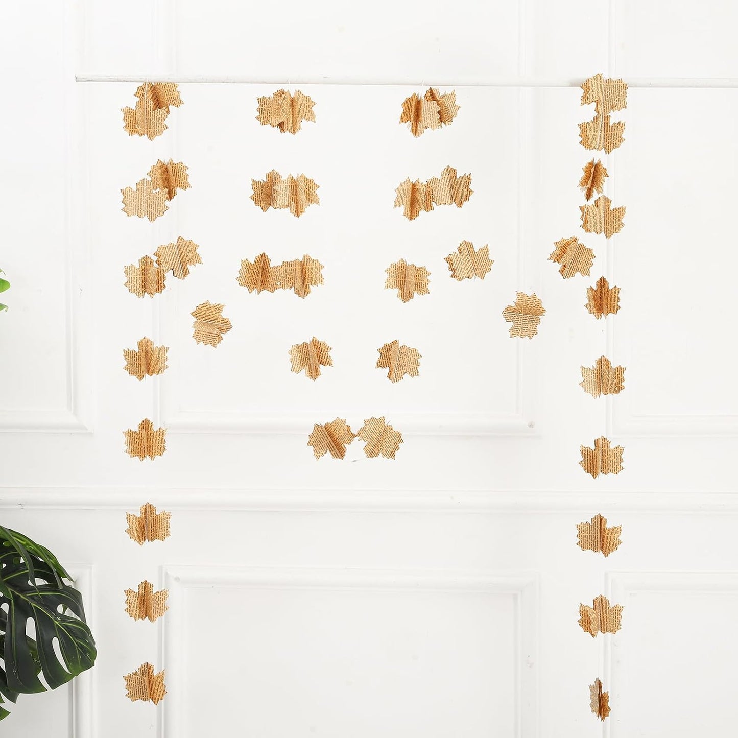 4 Pack 3D Paper Maple Leaf Garland Vintage Pages Recycled Books Leaves Banner Newspaper Bunting Party Autumn Fall Decor Halloween Decorations (Vintage)