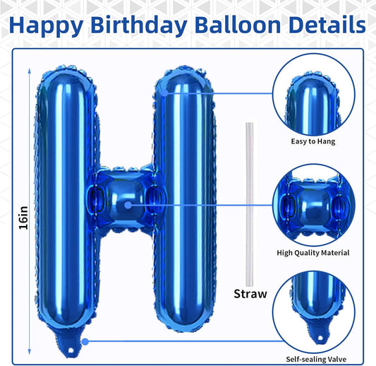 Happy Birthday Balloons Letters Banner, Blue Happy Birthday Bunting Balloon, 16 Inch Self Inflating Birthday Mylar Foil Balloons Banner with Ribbon for Boys Men Birthday Party Decorations Supplies