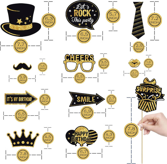 JOJO FLY 36 Pcs Birthday Photo Booth Props Kit, Black and Gold Party Favors, Happy Birthday Party Decorations, Photobooth Funny Cute Holiday Selfie Supplies
