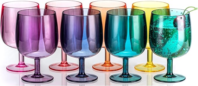 12oz Colorful Stemmed Wines Cups (Set of 8), Shatter-Proof Acrylic Bar Glasses, BPA-Free, Dishwasher-Safe