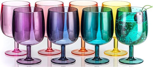 12oz Colorful Stemmed Wines Cups (Set of 8), Shatter-Proof Acrylic Bar Glasses, BPA-Free, Dishwasher-Safe