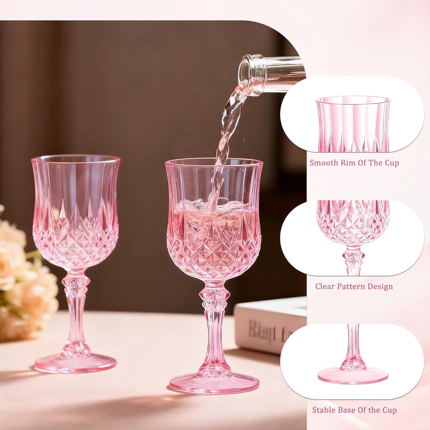 48PCS 7OZ Pink Wine Plastic Glasses, Drinking Champagne Glasses Flutes Crystal Vintage Water Unbreakable Goblets for Wedding, Parties