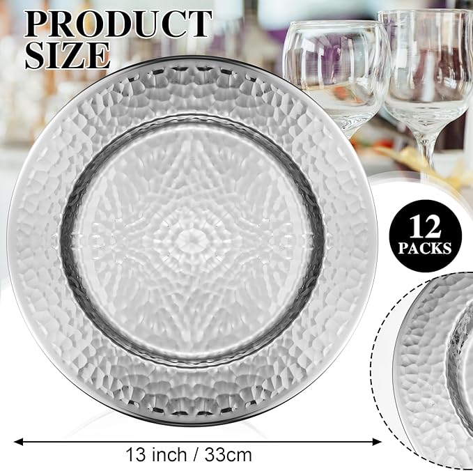 12 Packs Chargers Plates Bulk 13 Inch Stainless Steel Hammered Rim Round Elegant Dinner Plates Luxury Decorative Chargers for Wedding Party Catering Upscale Events (Silver)