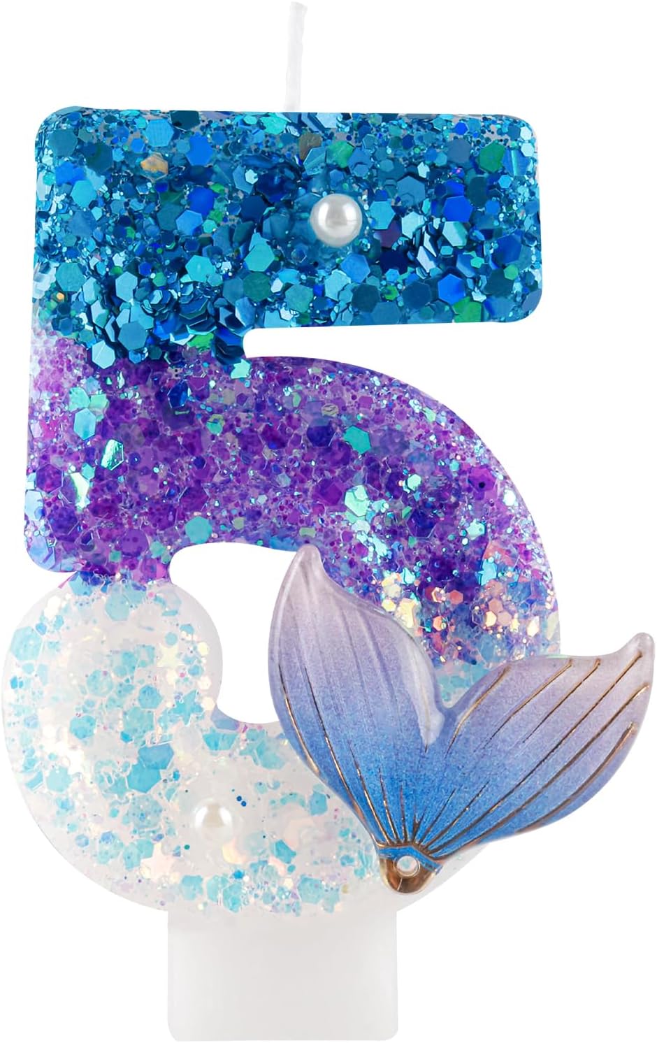 Sparkler 5 Birthday Number Candles,Blue Purple Pearls Mermaid Tail Number Birthday Candles for Girls Women Birthday Cakes Mermaid Themed Birthday Decorations Party Favors Number 5 Candle Cake Topper