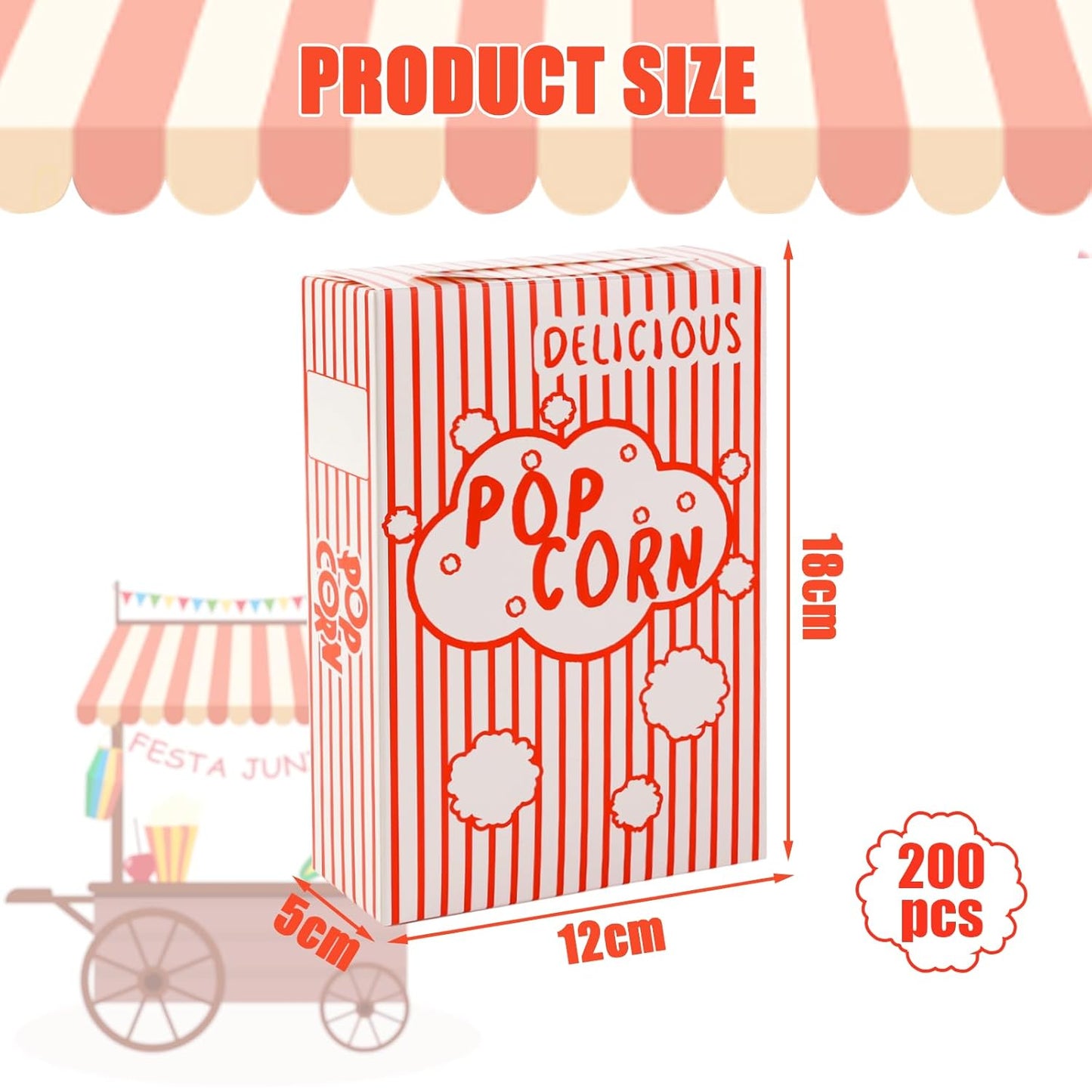 200Pcs Popcorn Boxes Containers 1.25 Oz Paper Popcorn Buckets Red and White Striped Close-Top Cardboard Pop Corn Bowls Individual Servings Bags for Party Movie Night