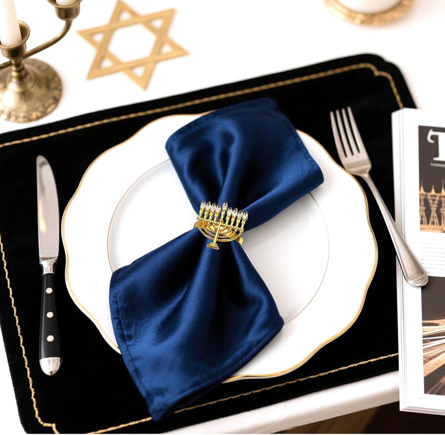Hanukkah Menorah Napkin Rings Set of 12 for Chanukah Christmas Eve Thanksgiving New Year Family Dining,Candlestick Napkin Rings Holder for Jewish Themed Wedding Brithday Holiday Table Decor