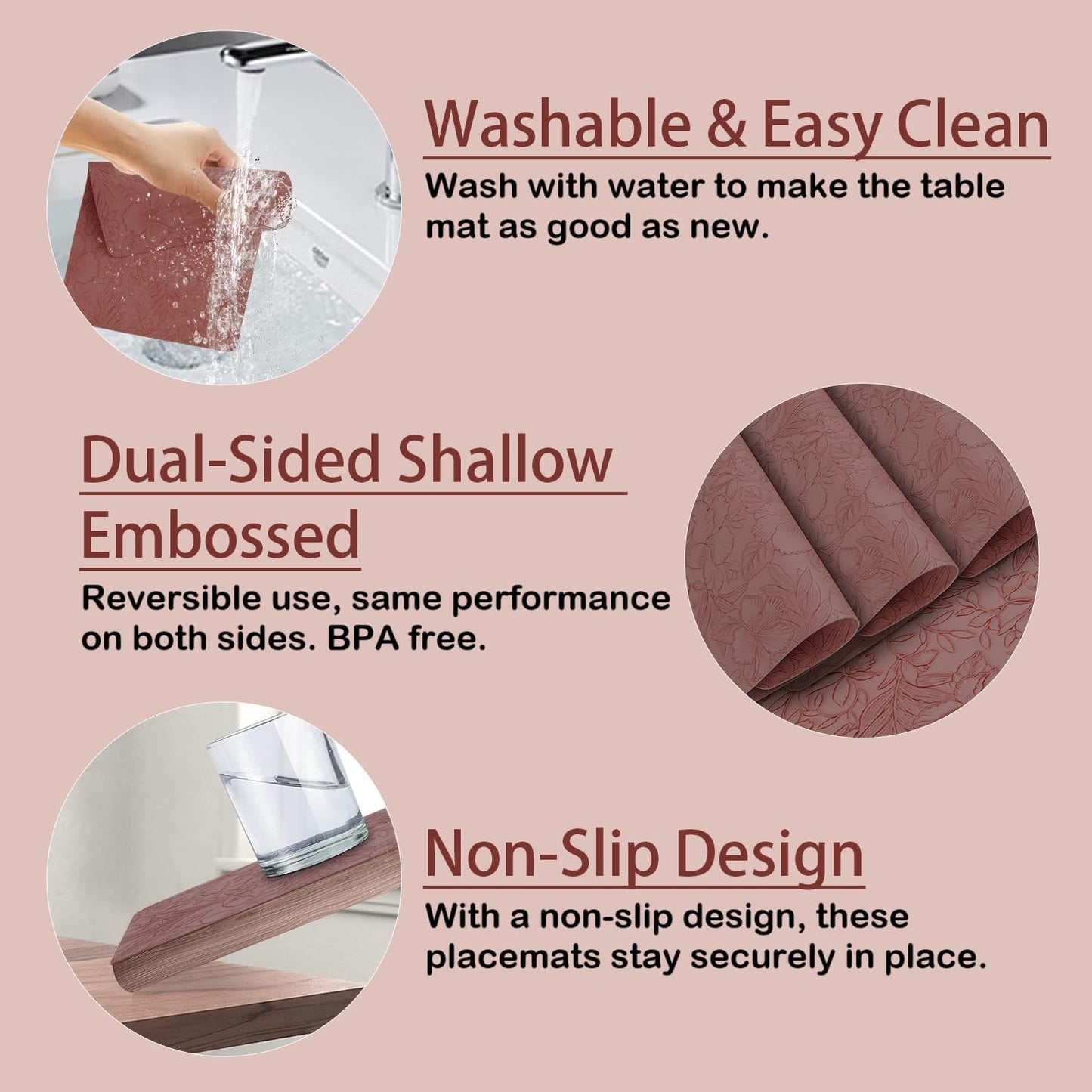 SolaraDawn Faux Leather Placemats Set of 4 Dark Burgundy for Christmas & Valentine's Day, 17" × 12" Waterproof & Heat-Resistant Dining Place Mats, Easy Wash Clean, Wipeable & Anti-Slip Table Mats