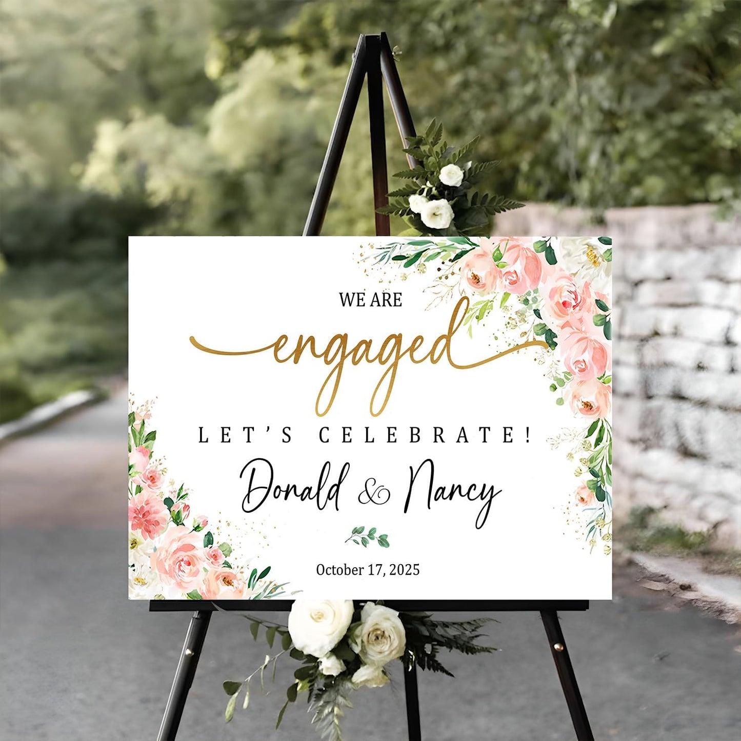 We Are Engaged Sign, Floral Engagement Signs For A Party, Engagement Party Gifts For Couples, Engaged Party Decorations, Wedding Welcome Sign With Stand