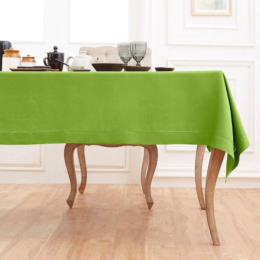 Solino Home Linen Tablecloth for Rectangle Tables 60 x 120 Inch - Classic Hemstitch 100% Pure Linen Lime Green Table Cloth - Machine Washable Cloth Tablecloth