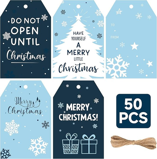 Anwyll Christmas Gift Tags with String - 50Pcs Blue Merry Christmas Name Tags for Gift Xmas to from Tag Have A Merry Little Christmas Tree Label Tag for Present Wrap Goodie Bags Holiday Party Favors