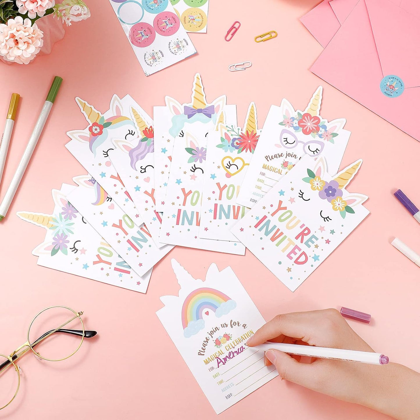 Hotop 24 Sets Unicorn Birthday Invitations with Envelopes and Stickers FOR GIRLS Party Invitations for Kids Birthday Baby Shower Party