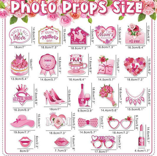 Mothers Day Decorations 23pcs Mothers Day Photo Booth Props and Pink Photo Frame Happy Mothers Day Selfie Props with Sticks for Mother Day Party Supplies