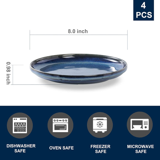 Ceramic Flat Plates Set of 4-8 in - The Dessert, Salad, Appetizer, Small Lunch, etc Plate. Microwave, Oven, and Dishwasher Safe, Scratch Resistant. Kitchen Porcelain Dish-Royal Blue