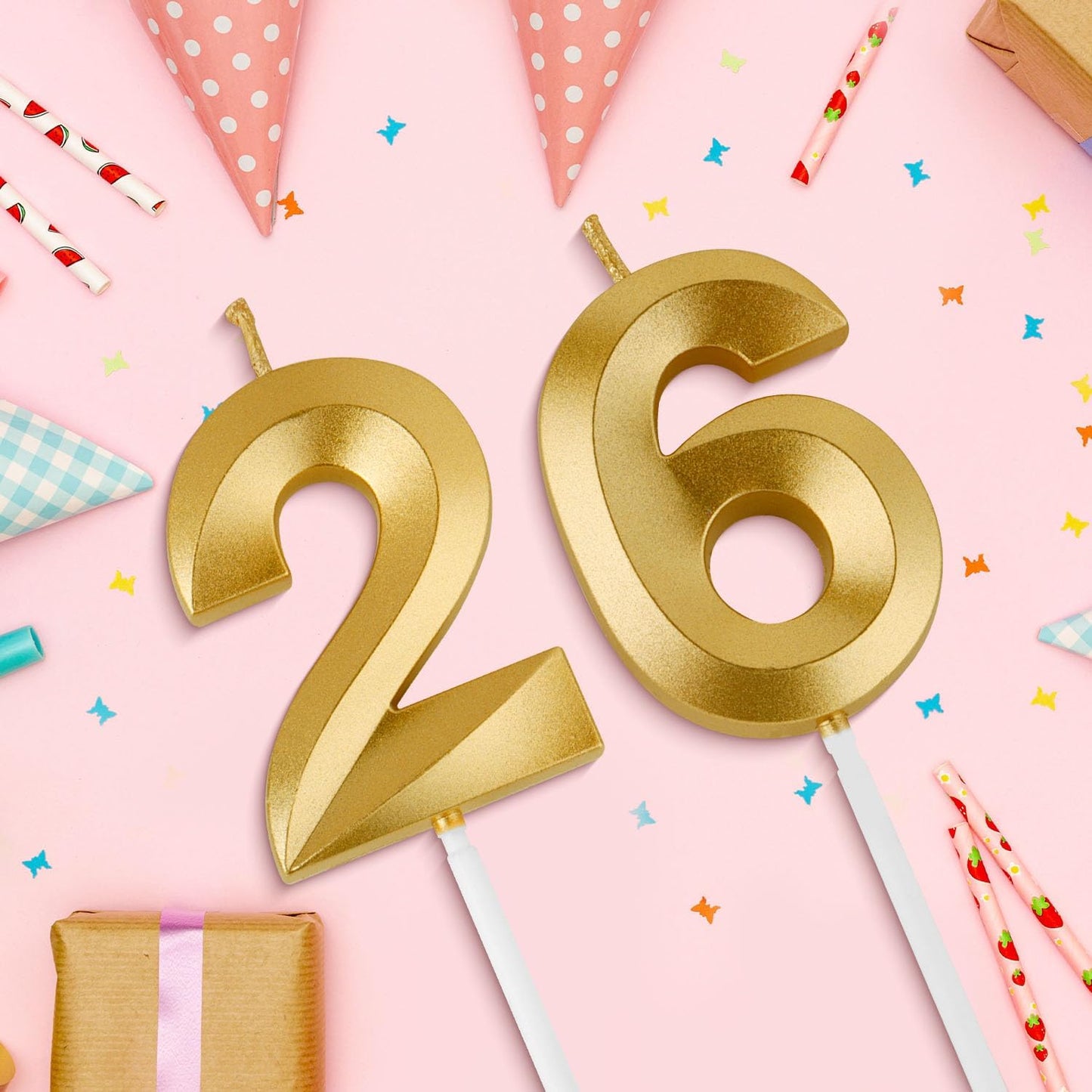 Birthday Candles, 1.96 Inch Number 26 Happy Birthday Candles, Number Candles Decoration for Birthday Party and Anniversary Celebration(Champagne Gold)