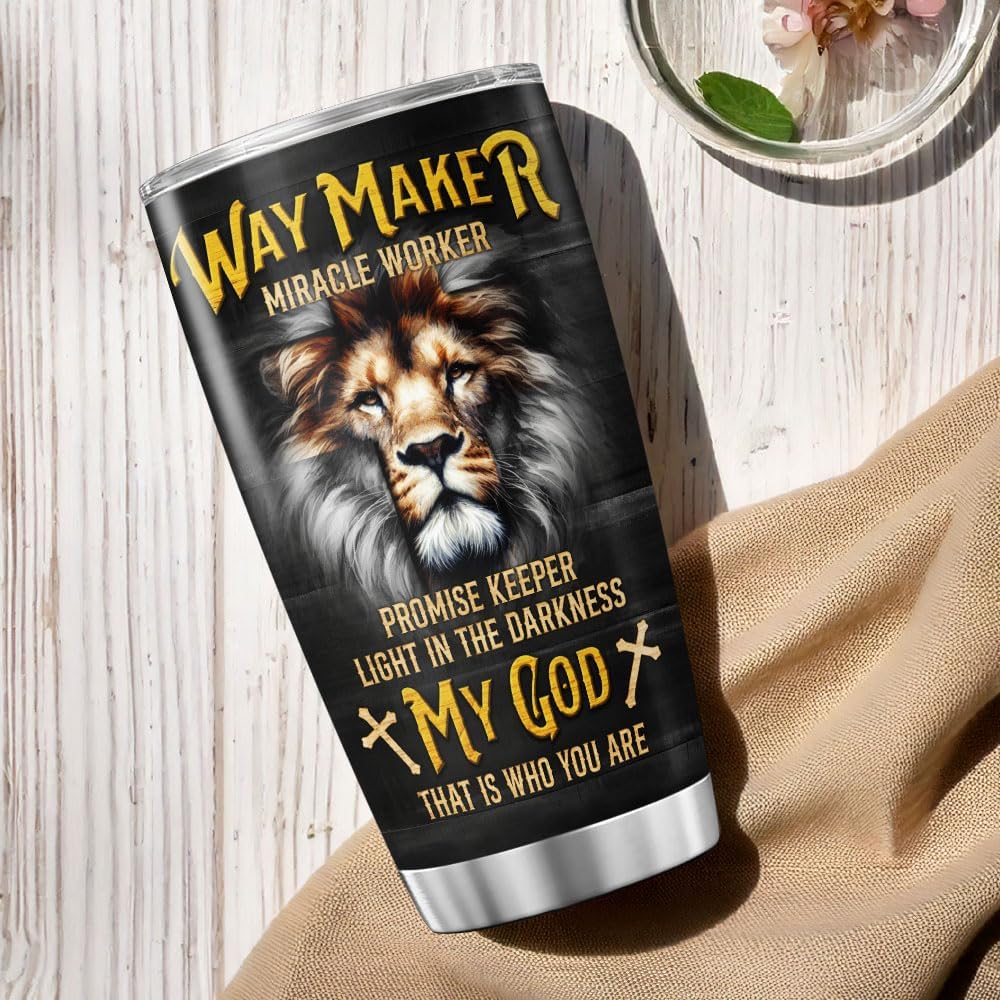 Christian Lion Tumbler with Bible Emergency Numbers, 20oz Stainless Steel Insulated Cup for Men and Women, Faith Gift for Birthday, Church, Spiritual Encouragement