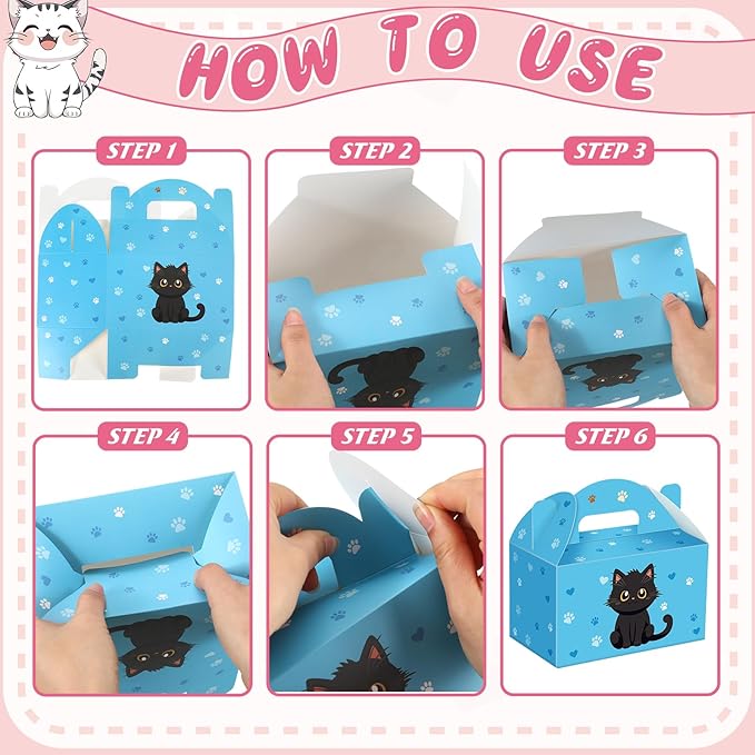 24 Pcs Cat Party Favors Treat Boxes Kitten Goodie Bags Foldable Pet Gift Bag Adopt a Kitty Goody Box Cat Themed Party Favors for Birthday Wedding Bridal Shower Supplies