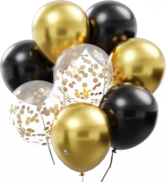 AFTERLOON® Biodegradable Balloons 50 pcs Black/Gold 12 Inch Set, Metallic Confetti Thickened Extra Strong Latex Helium Float, for Baby Shower Gender Reveal Garland Wedding Birthday Party Decorations