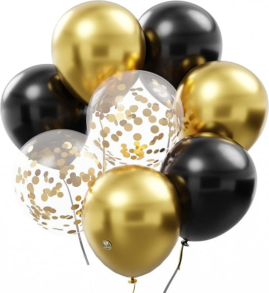 AFTERLOON® Biodegradable Balloons 50 pcs Black/Gold 12 Inch Set, Metallic Confetti Thickened Extra Strong Latex Helium Float, for Baby Shower Gender Reveal Garland Wedding Birthday Party Decorations