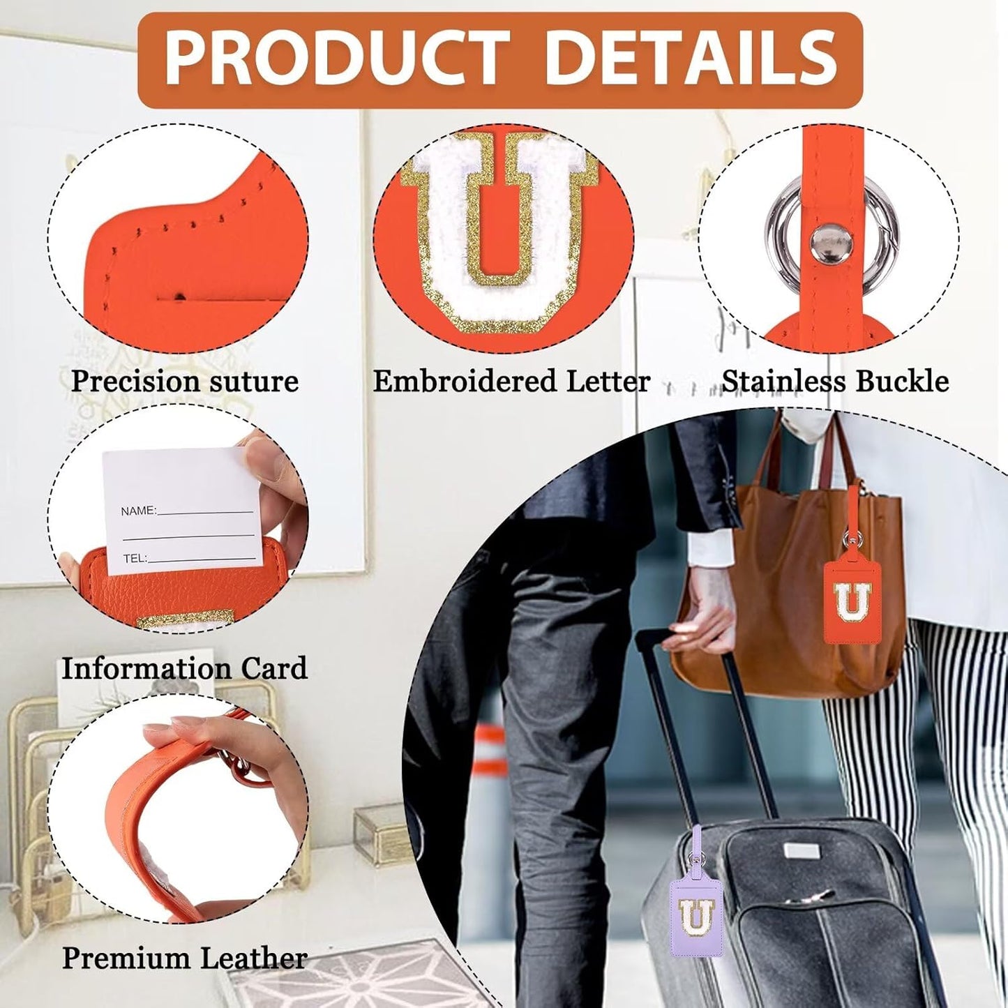 Personalized Initial Luggage Tags for Suitcases, Leather Chenille Letter Cute Luggage Tags with Privacy Name Card, Embroidered Travel Bag Backpack Tags Gifts for Women Kids Girls Teens(Orange-U)
