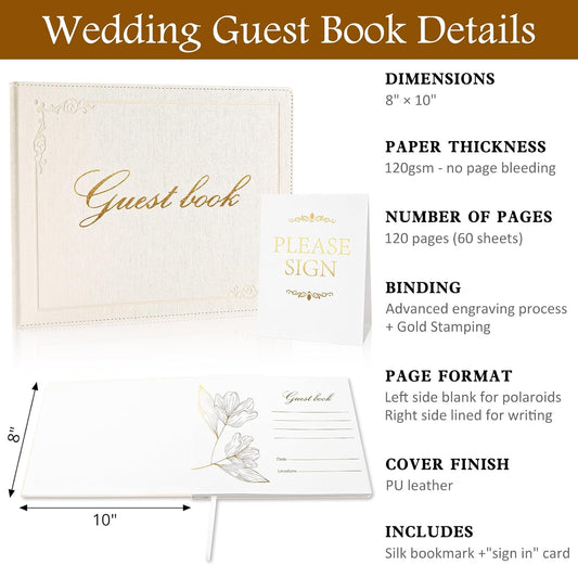 8x10 Leather Guest Book and Standup Sign Set, Gold Foiled Cover Registry Book for Wedding Reception, Retirement Party, Vacation Homes and Events, 120 Sheets (White Blank)