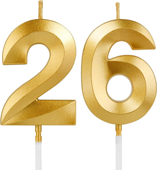 Birthday Candles, 1.96 Inch Number 26 Happy Birthday Candles, Number Candles Decoration for Birthday Party and Anniversary Celebration(Champagne Gold)