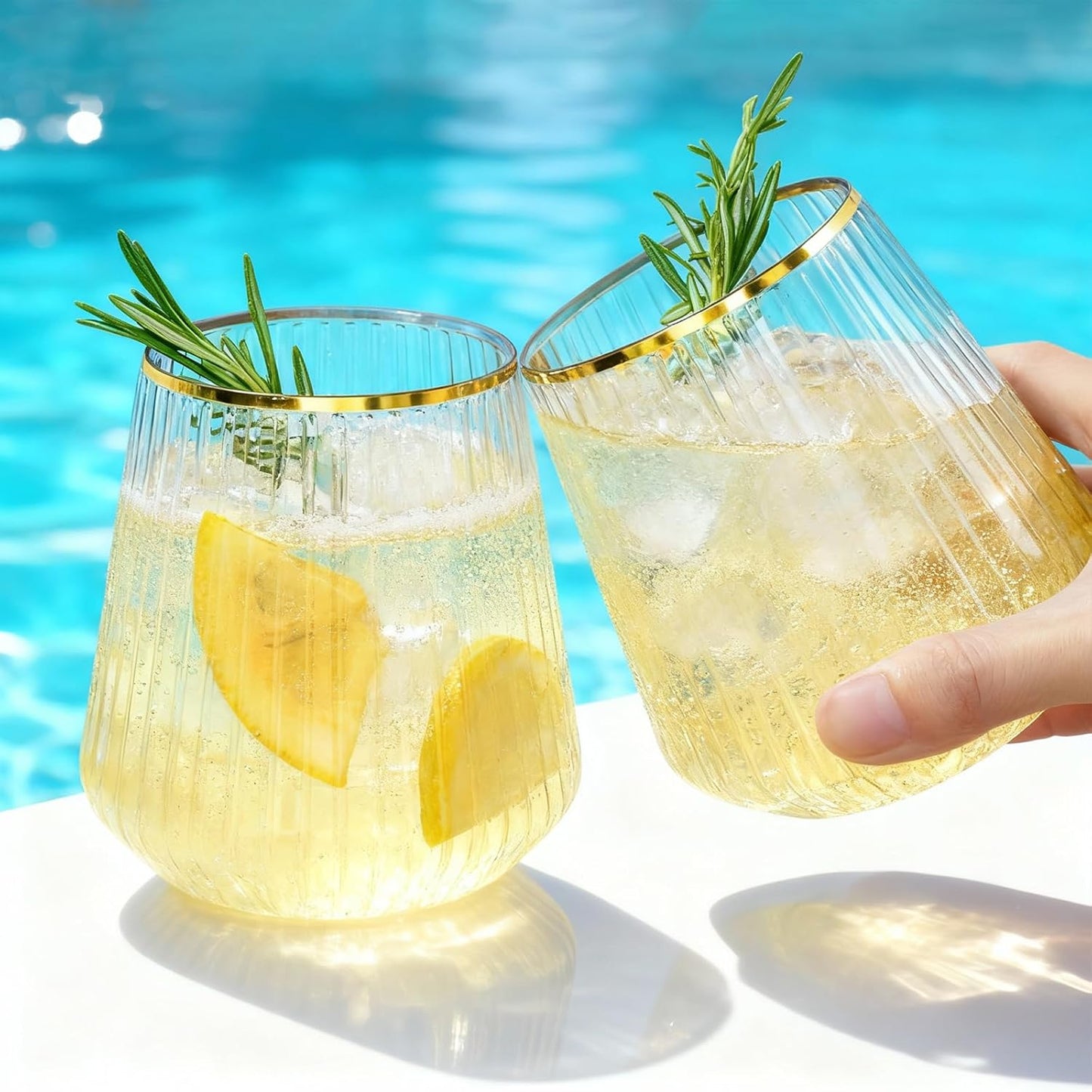72 Pcs 12 oz Plastic Clear Gold Rim Ribbed Wine Glasses, Disposable & Reusable Champagne Glasses Elegant Whiskey Glasses Ideal for Weddings, Bars, Christmas, Holidays, Pool Party, Daily Use