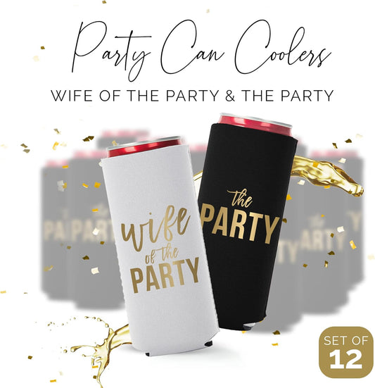 Wife of the Party and The Party Bachelorette Can Coolers - Set of 12, Perfect for Decorations and Bridesmaid Gifts (Black, Slim)