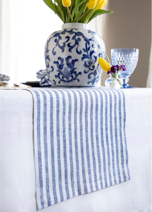 Solino Home Linen Table Runner 60 Inches - Amalfi Stripe 100% Pure Linen Navy and White Table Runner 14 x 60 Inch Ideal for Dresser and Coffee Tables - Fall, Autumn, Halloween, Thanksgiving, Christmas