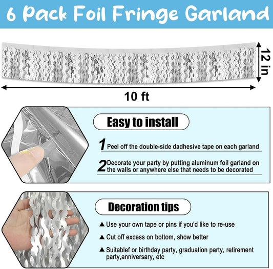 6 Pack 10 Feet Silver Wave Foil Fringe Garland Metallic Tinsel Streamers Banner Wall Hanging Curtain Backdrop for Parade Floats, Mother's Day, Easter, Wedding, Birthday Party Decoration