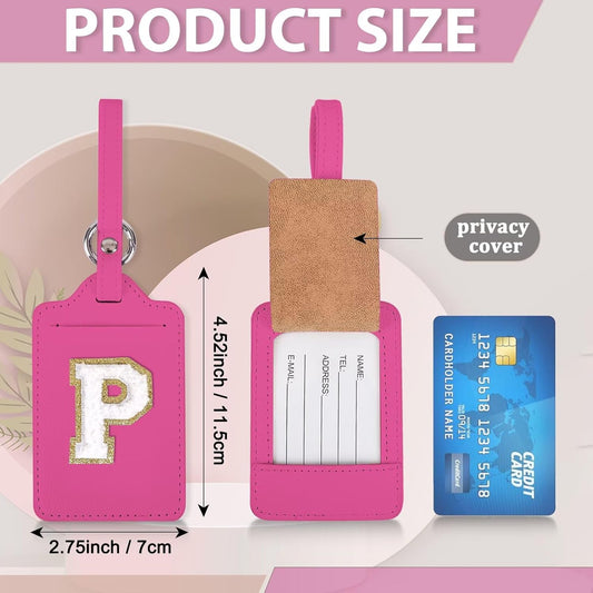 Personalized Initial Luggage Tags for Suitcases, Leather Chenille Letter Cute Luggage Tags with Privacy Name Card, Embroidered Travel Bag Backpack Tags Gifts for Women Kids Girls Teens(Rosered-P)