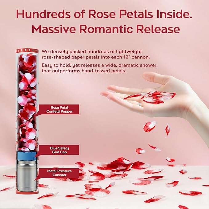 Confetti Cannon 12 Pack Red Party Poppers 12 Inch Biodegradable Red Rose Petal Confetti Poppers, Romantic Wedding Poppers Red Confetti Shooter for Birthday Graduation Wedding Bridal Shower Anniversary