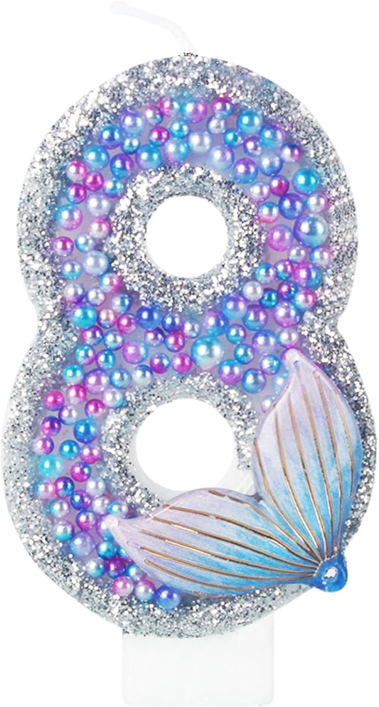 Girls Sparkler 8 Birthday Number Candles, Purple Pearls Mermaid Tail Number Birthday Candles for Girls Women Birthday Cakes Mermaid Themed Birthday Decorations Party Favors Number 8 Candle Cake Topper